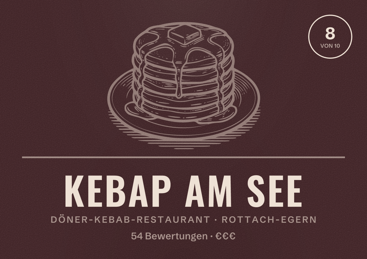 Illustriertes Poster von Kebap am See, Döner-Kebab-Restaurant in Rottach-Egern: Bewertung 8 von 10 aus 54 Bewertungen, Preisniveau €€€