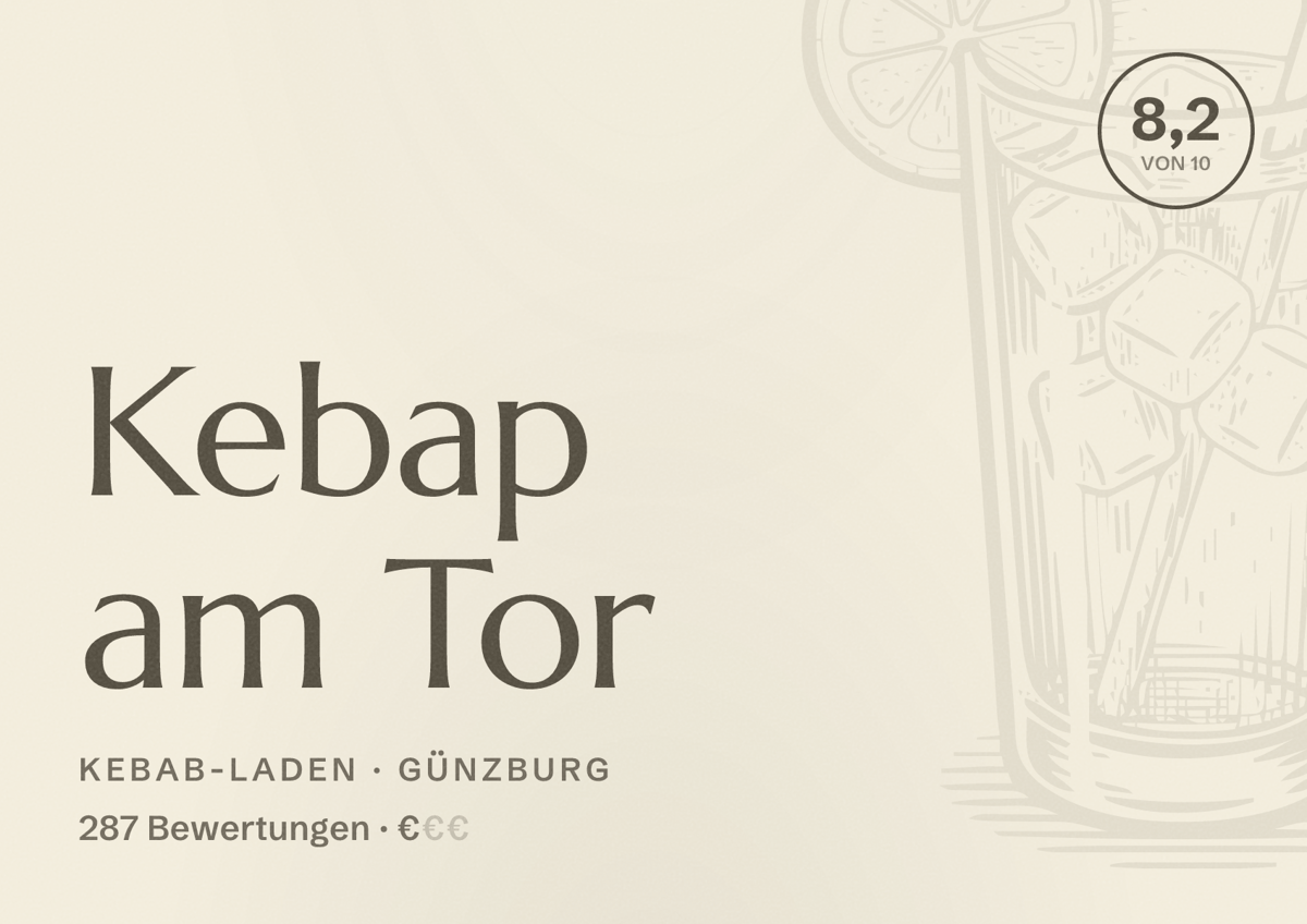 Illustriertes Poster von Kebap am Tor, Kebab-Laden in Günzburg: Bewertung 8,2 von 10 aus 287 Bewertungen, Preisniveau €