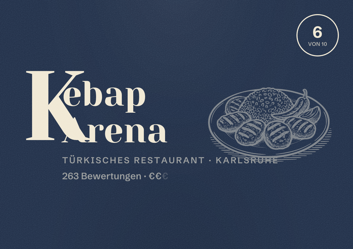 Illustriertes Poster von Kebap Arena, Türkisches Restaurant in Karlsruhe: Bewertung 6 von 10 aus 263 Bewertungen, Preisniveau €€