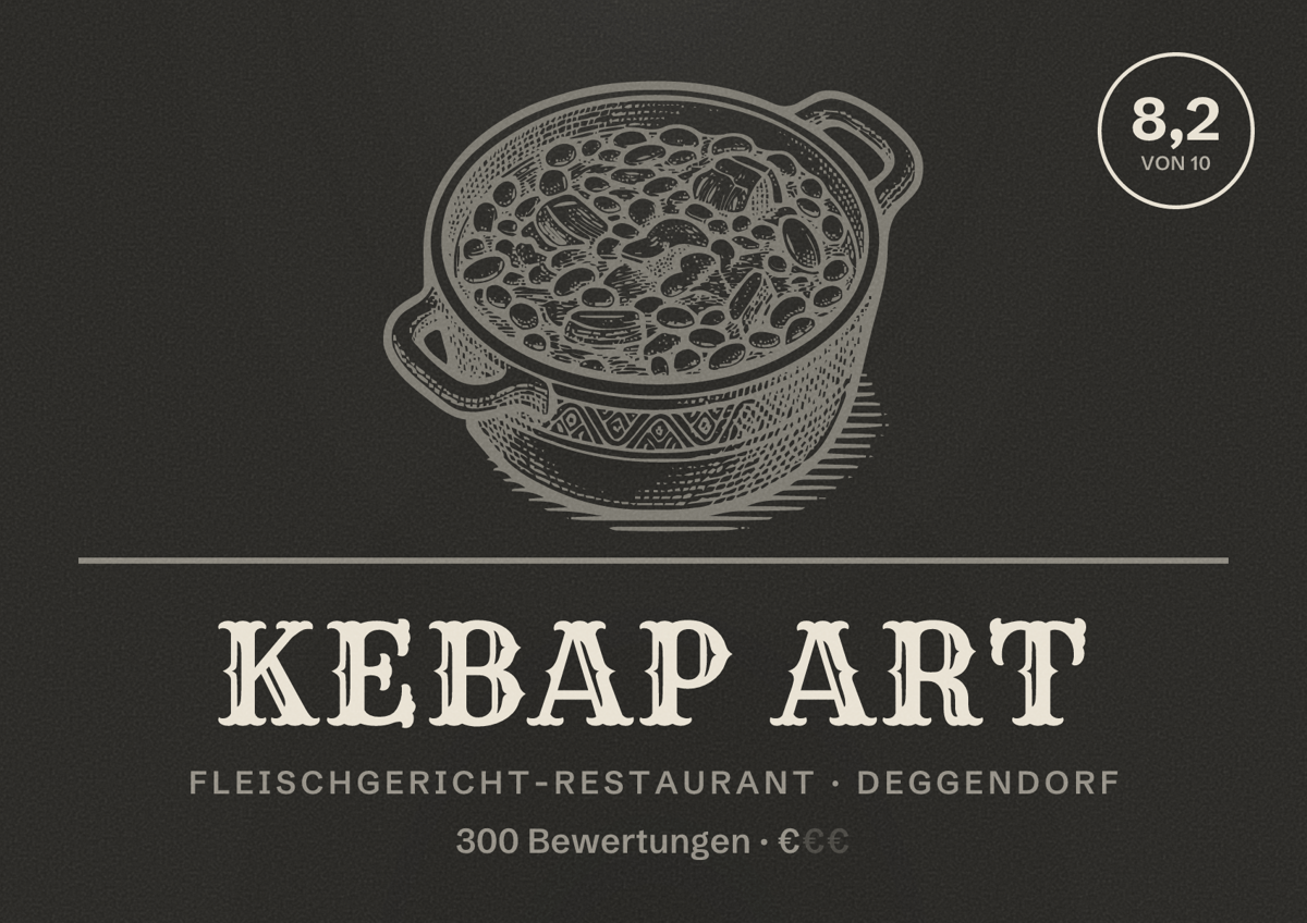 Illustriertes Poster von Kebap Art, Fleischgericht-Restaurant in Deggendorf: Bewertung 8,2 von 10 aus 300 Bewertungen, Preisniveau €