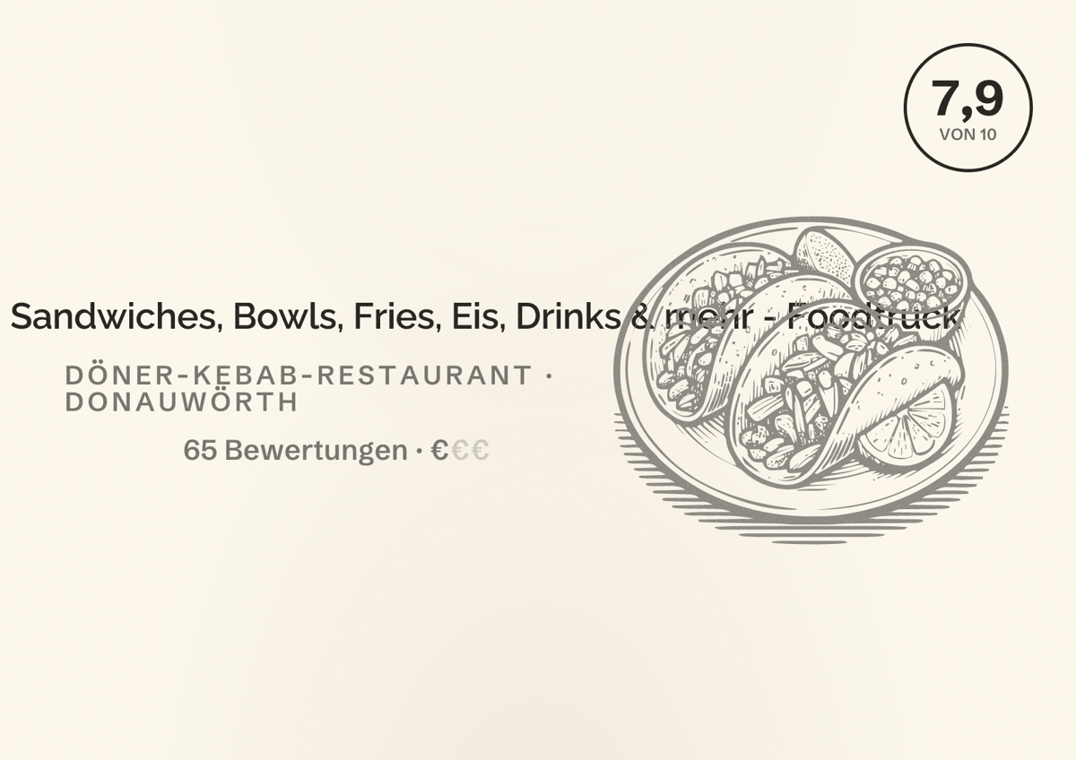 Illustriertes Poster von Kebap Brothers - Sandwiches, Bowls, Fries, Eis, Drinks & mehr - Foodtruck, Döner-Kebab-Restaurant in Donauwörth: Bewertung 7,9 von 10 aus 65 Bewertungen, Preisniveau €