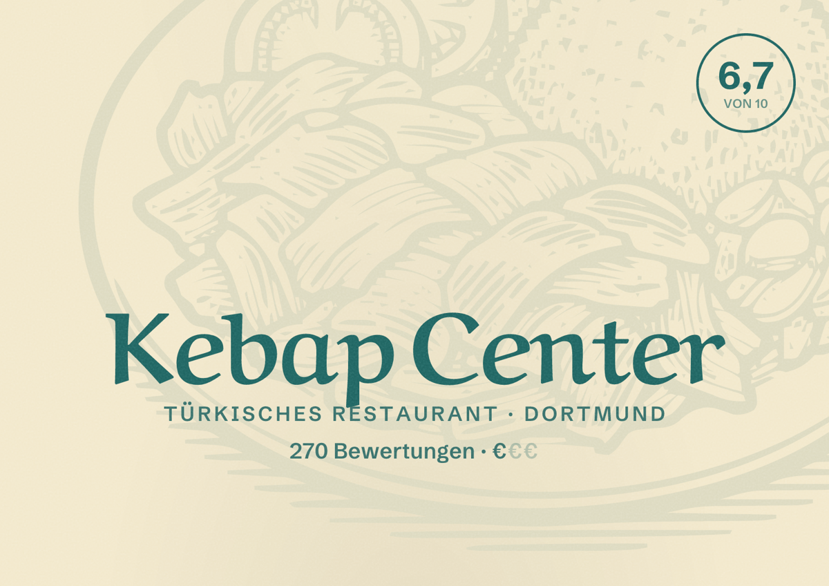 Illustriertes Poster von Kebap Center, Türkisches Restaurant in Dortmund: Bewertung 6,7 von 10 aus 270 Bewertungen, Preisniveau €