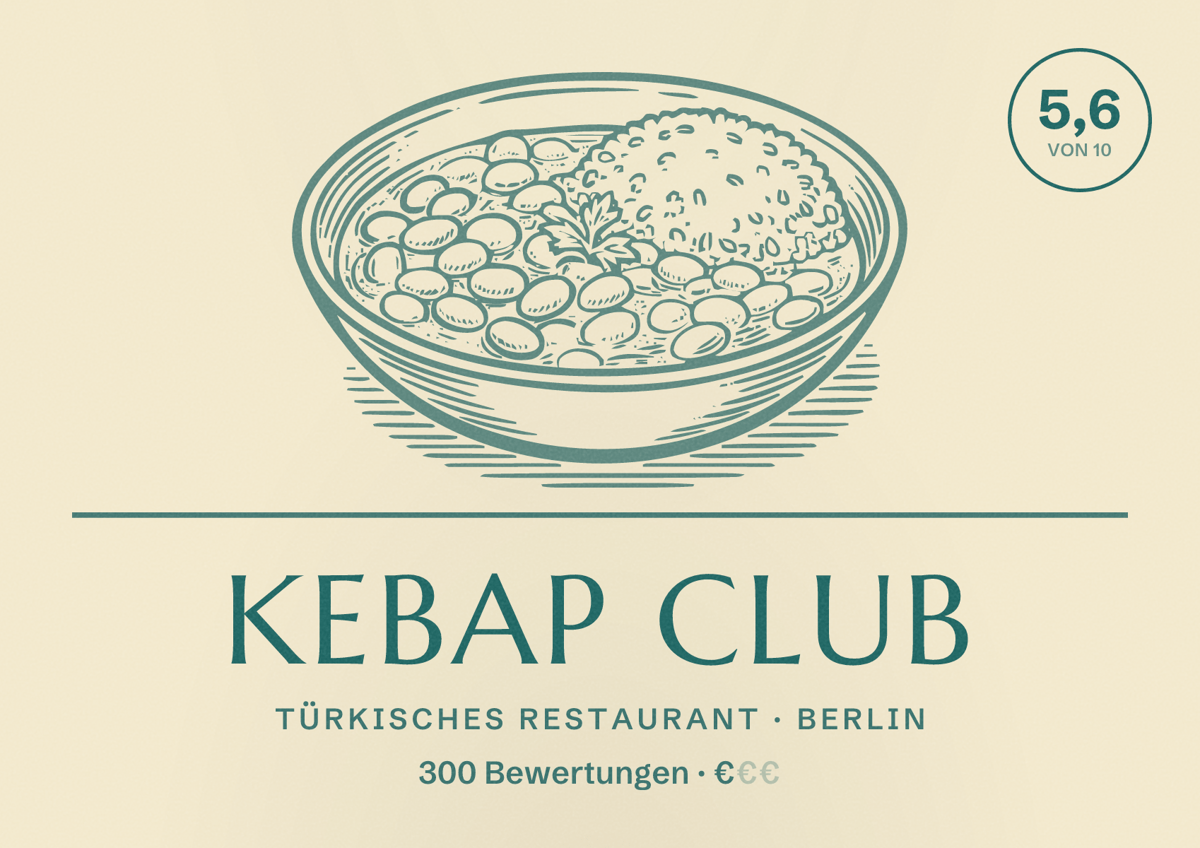 Illustriertes Poster von Kebap Club, Türkisches Restaurant in Berlin: Bewertung 5,6 von 10 aus 300 Bewertungen, Preisniveau €