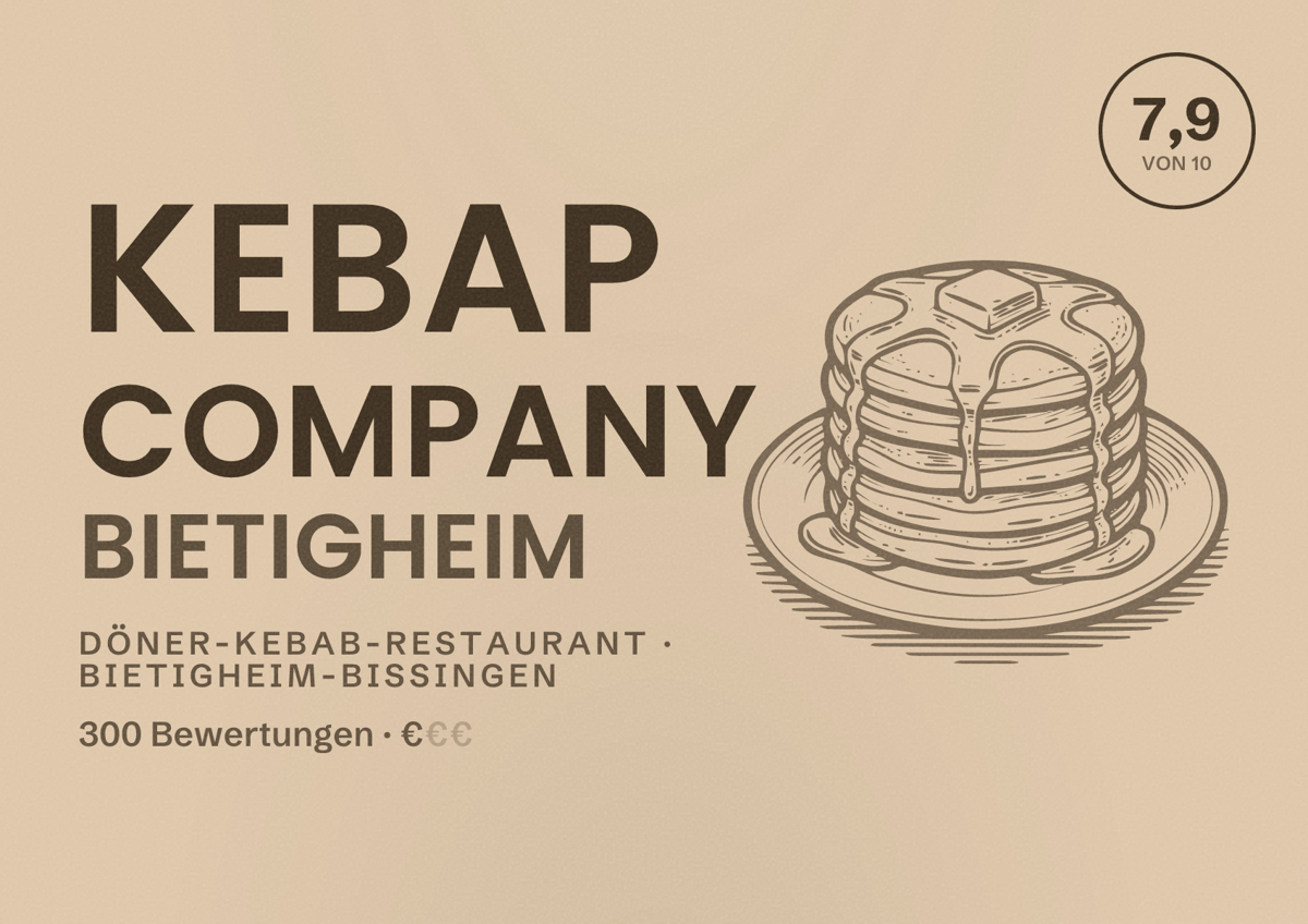 Illustriertes Poster von Kebap Company Bietigheim, Döner-Kebab-Restaurant in Bietigheim-Bissingen: Bewertung 7,9 von 10 aus 300 Bewertungen, Preisniveau €