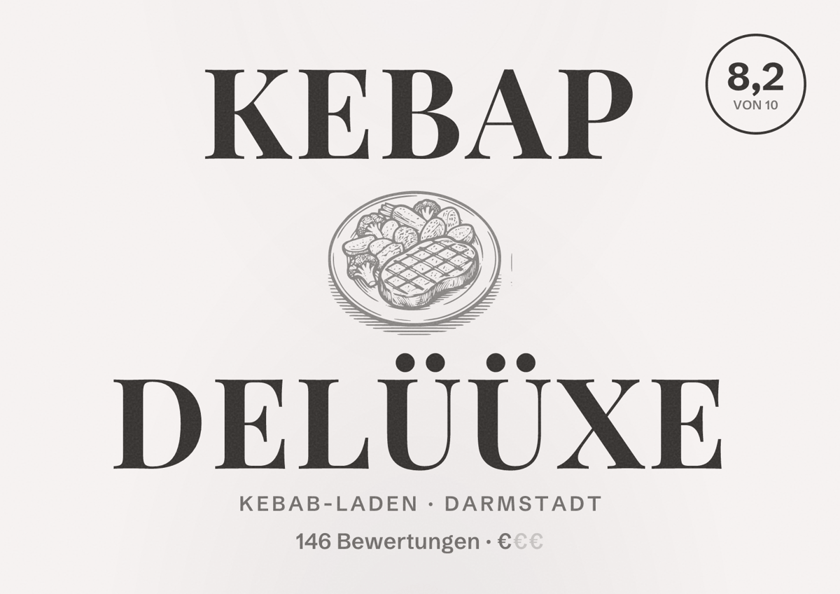Illustriertes Poster von Kebap Delüüxe, Kebab-Laden in Darmstadt: Bewertung 8,2 von 10 aus 146 Bewertungen, Preisniveau €