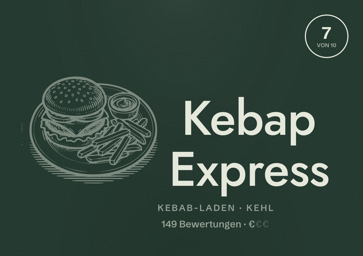 Illustriertes Poster von Kebap Express, Kebab-Laden in Kehl: Bewertung 7 von 10 aus 149 Bewertungen, Preisniveau €