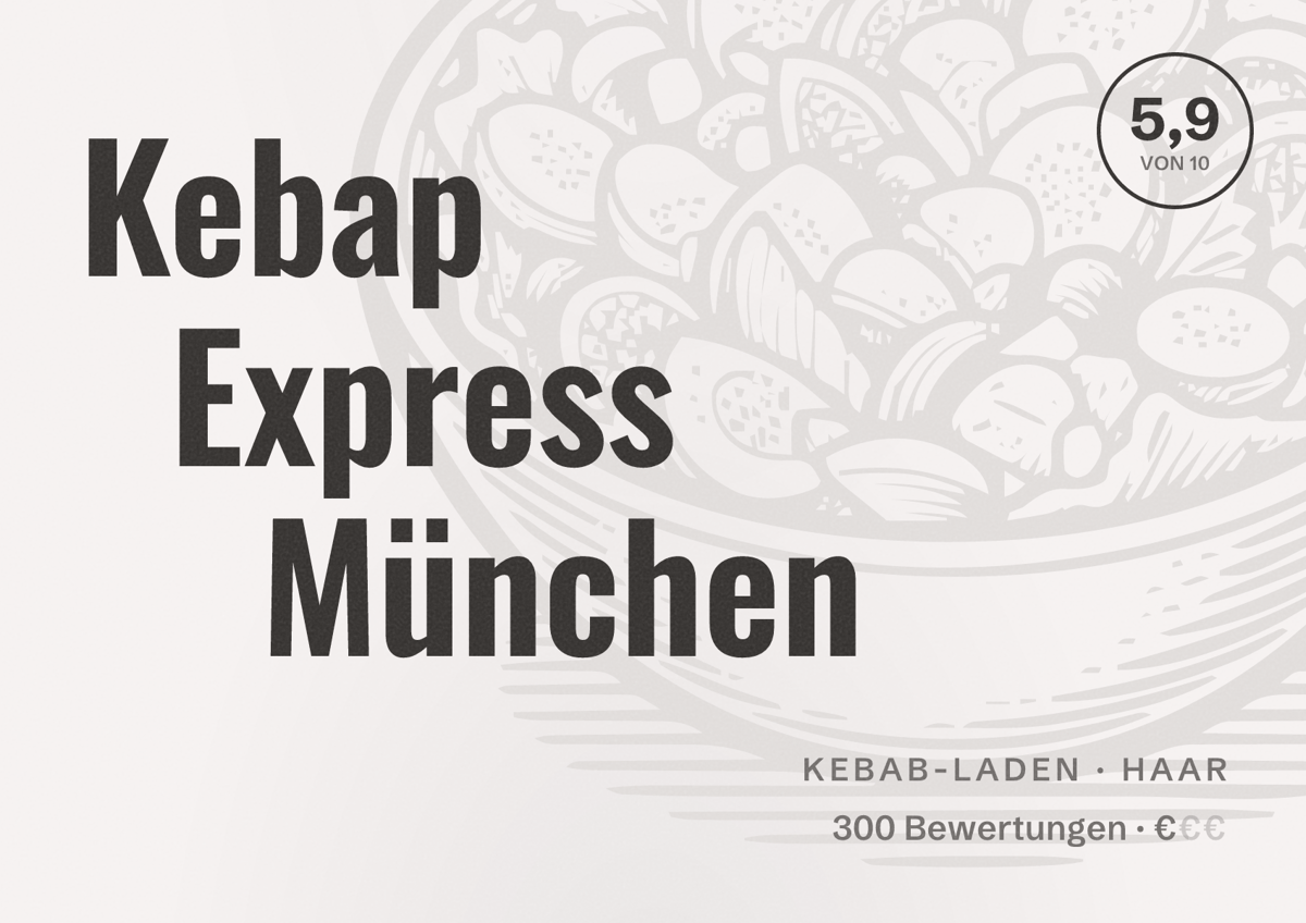 Illustriertes Poster von Kebap Express München, Kebab-Laden in Haar: Bewertung 5,9 von 10 aus 300 Bewertungen, Preisniveau €