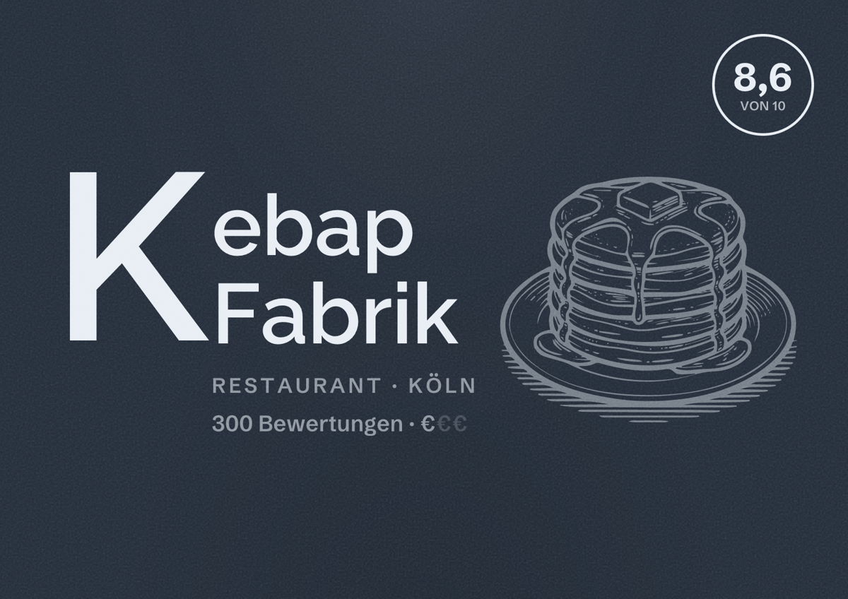 Illustriertes Poster von Kebap Fabrik, Restaurant in Köln: Bewertung 8,6 von 10 aus 300 Bewertungen, Preisniveau €