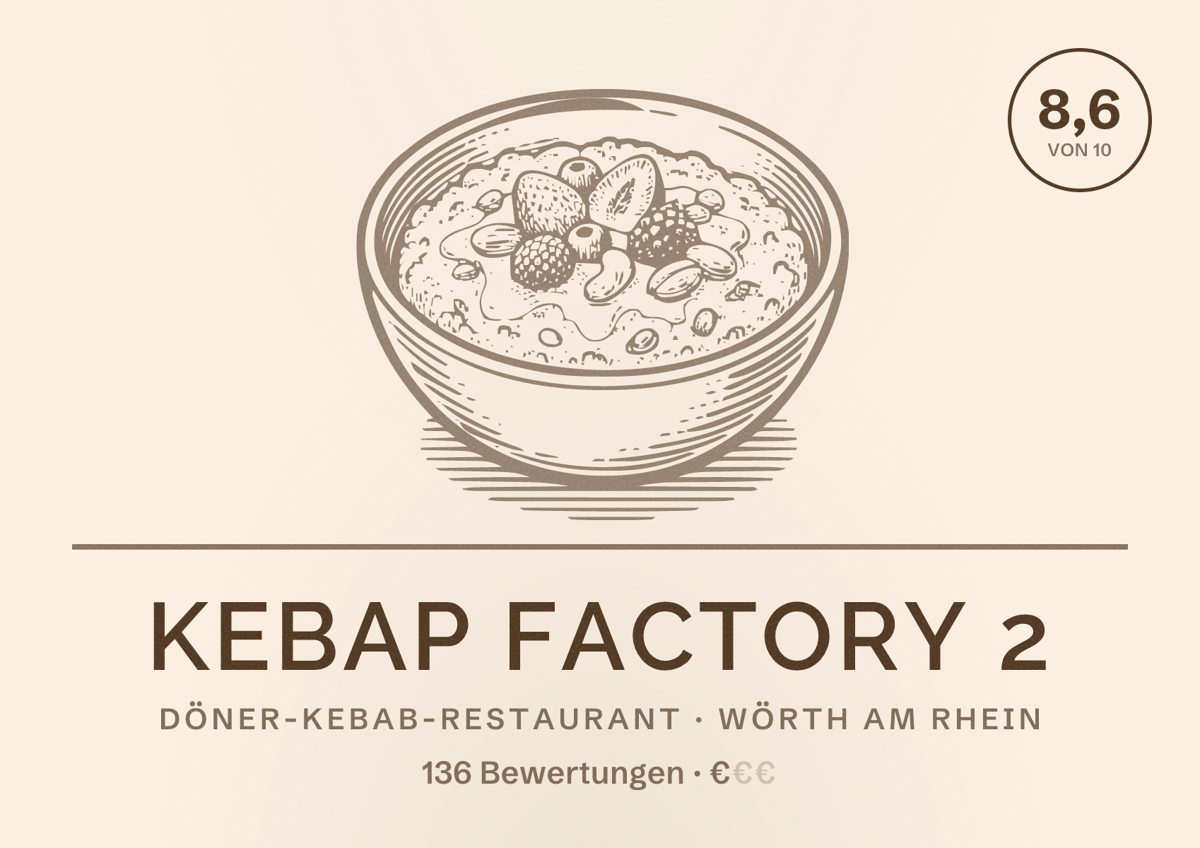 Illustriertes Poster von Kebap Factory 2, Döner-Kebab-Restaurant in Wörth am Rhein: Bewertung 8,6 von 10 aus 136 Bewertungen, Preisniveau €