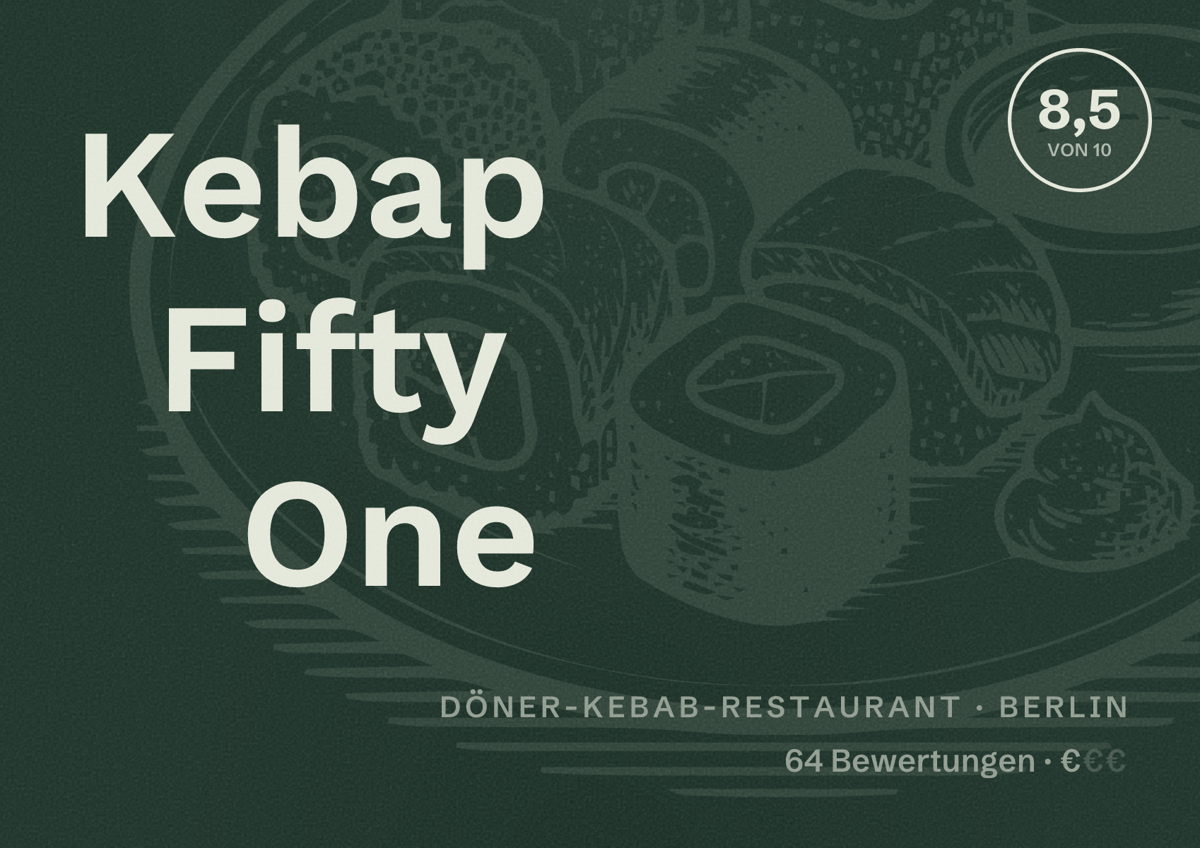 Illustriertes Poster von Kebap Fifty One, Döner-Kebab-Restaurant in Berlin: Bewertung 8,5 von 10 aus 64 Bewertungen, Preisniveau €
