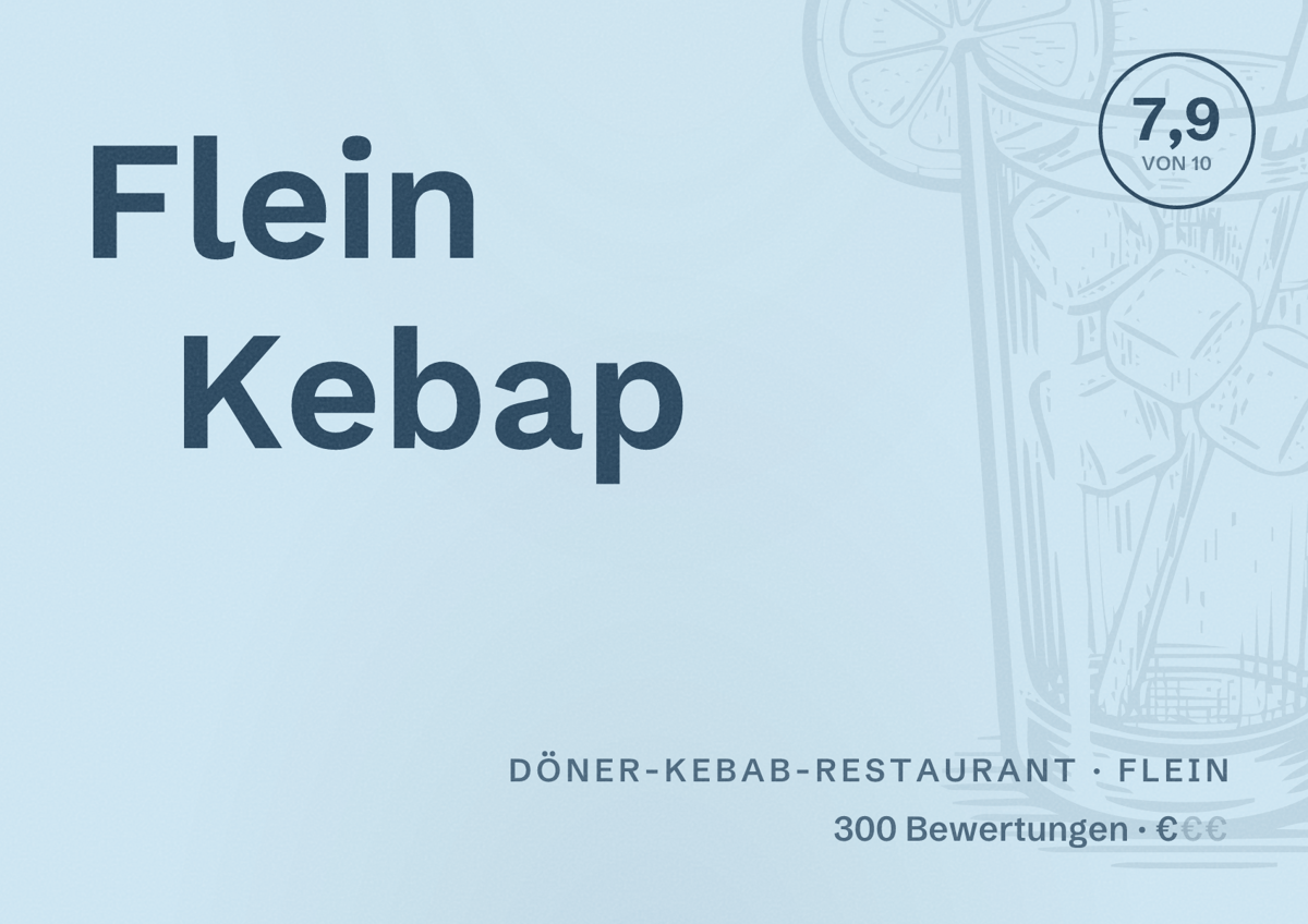 Illustriertes Poster von Flein Kebap, Döner-Kebab-Restaurant in Flein: Bewertung 7,9 von 10 aus 300 Bewertungen, Preisniveau €