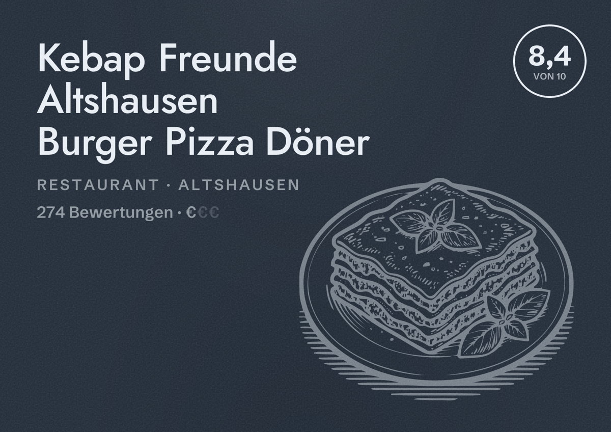 Illustriertes Poster von Kebap Freunde Altshausen Burger Pizza Döner, Restaurant in Altshausen: Bewertung 8,4 von 10 aus 274 Bewertungen, Preisniveau €