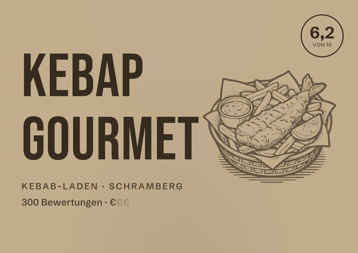 Illustriertes Poster von Kebap Gourmet, Kebab-Laden in Schramberg: Bewertung 6,2 von 10 aus 300 Bewertungen, Preisniveau €