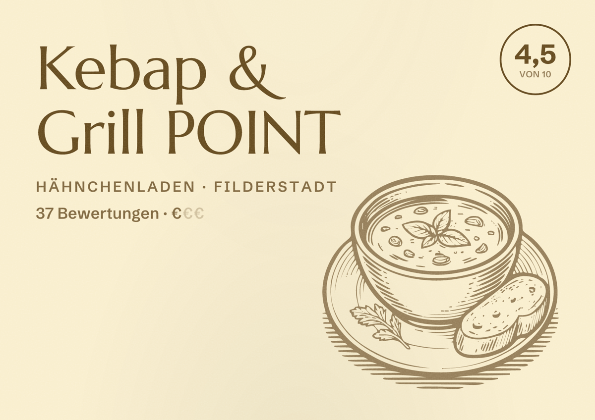 Illustriertes Poster von Kebap & Grill POINT, Hähnchenladen in Filderstadt: Bewertung 4,5 von 10 aus 37 Bewertungen, Preisniveau €