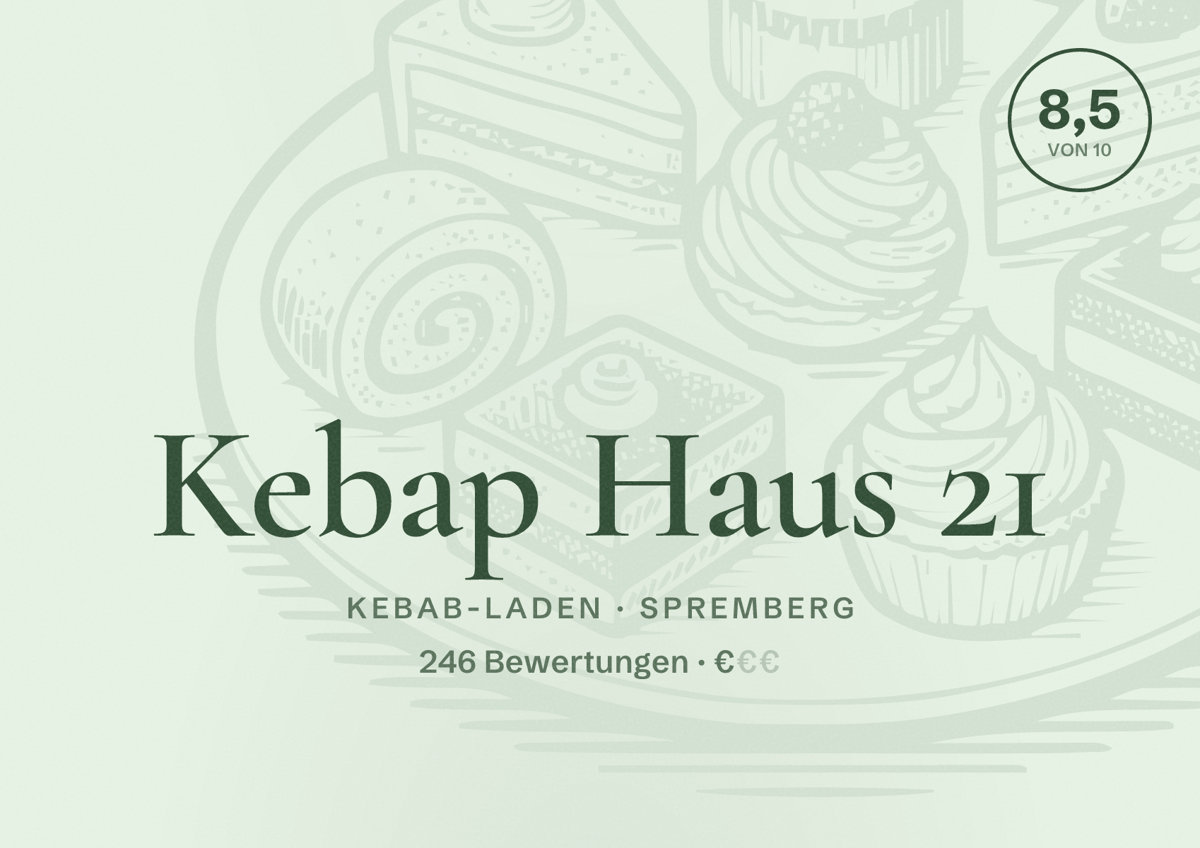 Illustriertes Poster von Kebap Haus 21, Kebab-Laden in Spremberg: Bewertung 8,5 von 10 aus 246 Bewertungen, Preisniveau €