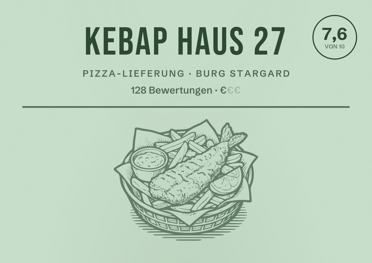 Illustriertes Poster von Kebap haus 27, Pizza-Lieferung in Burg Stargard: Bewertung 7,6 von 10 aus 128 Bewertungen, Preisniveau €