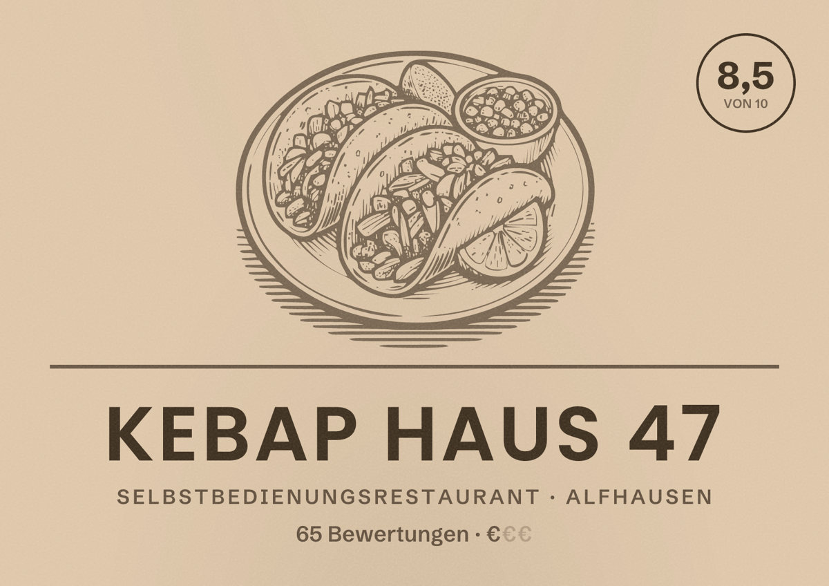 Illustriertes Poster von Kebap Haus 47, Selbstbedienungsrestaurant in Alfhausen: Bewertung 8,5 von 10 aus 65 Bewertungen, Preisniveau €