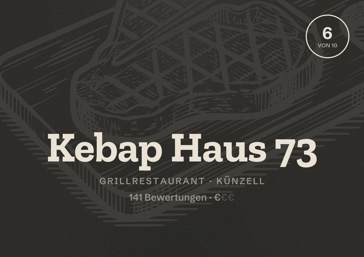 Illustriertes Poster von Kebap Haus 73, Grillrestaurant in Künzell: Bewertung 6 von 10 aus 141 Bewertungen, Preisniveau €