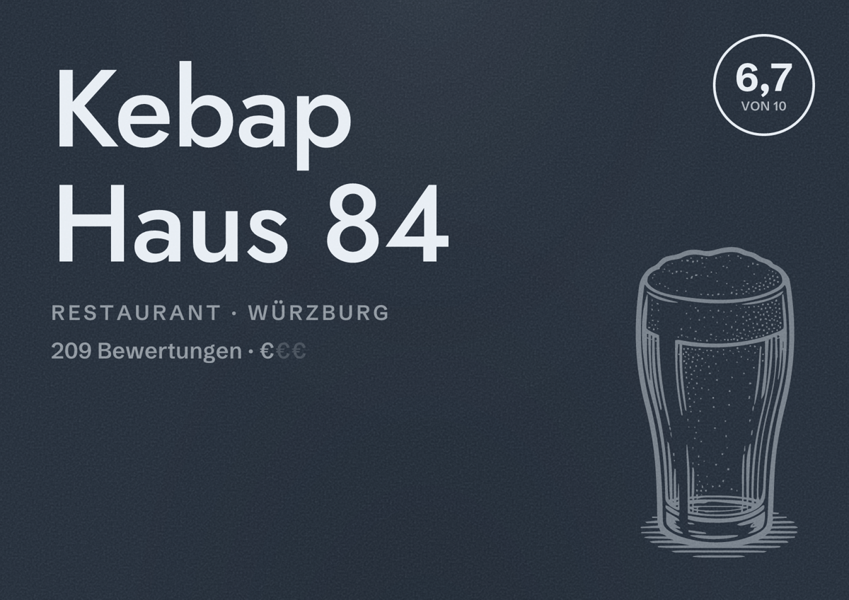Illustriertes Poster von Kebap Haus 84, Restaurant in Würzburg: Bewertung 6,7 von 10 aus 209 Bewertungen, Preisniveau €