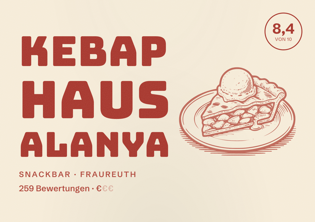 Illustriertes Poster von Kebap Haus ALANYA, Snackbar in Fraureuth: Bewertung 8,4 von 10 aus 259 Bewertungen, Preisniveau €