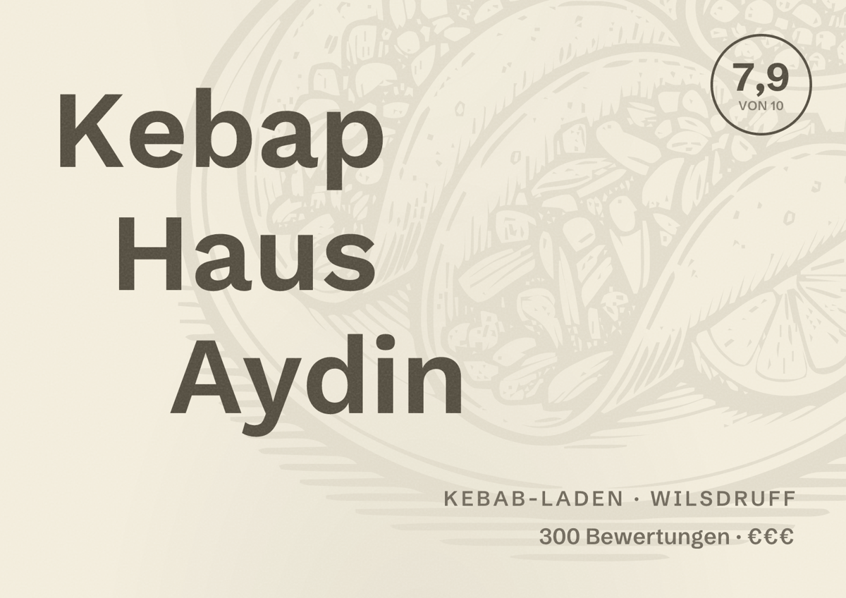 Illustriertes Poster von Kebap Haus Aydin, Kebab-Laden in Wilsdruff: Bewertung 7,9 von 10 aus 300 Bewertungen, Preisniveau €€€