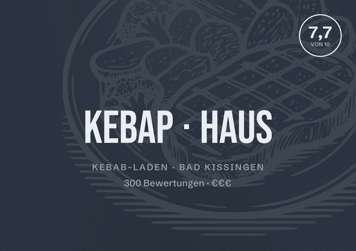 Illustriertes Poster von Kebap Haus, Kebab-Laden in Bad Kissingen: Bewertung 7,7 von 10 aus 300 Bewertungen, Preisniveau €€€