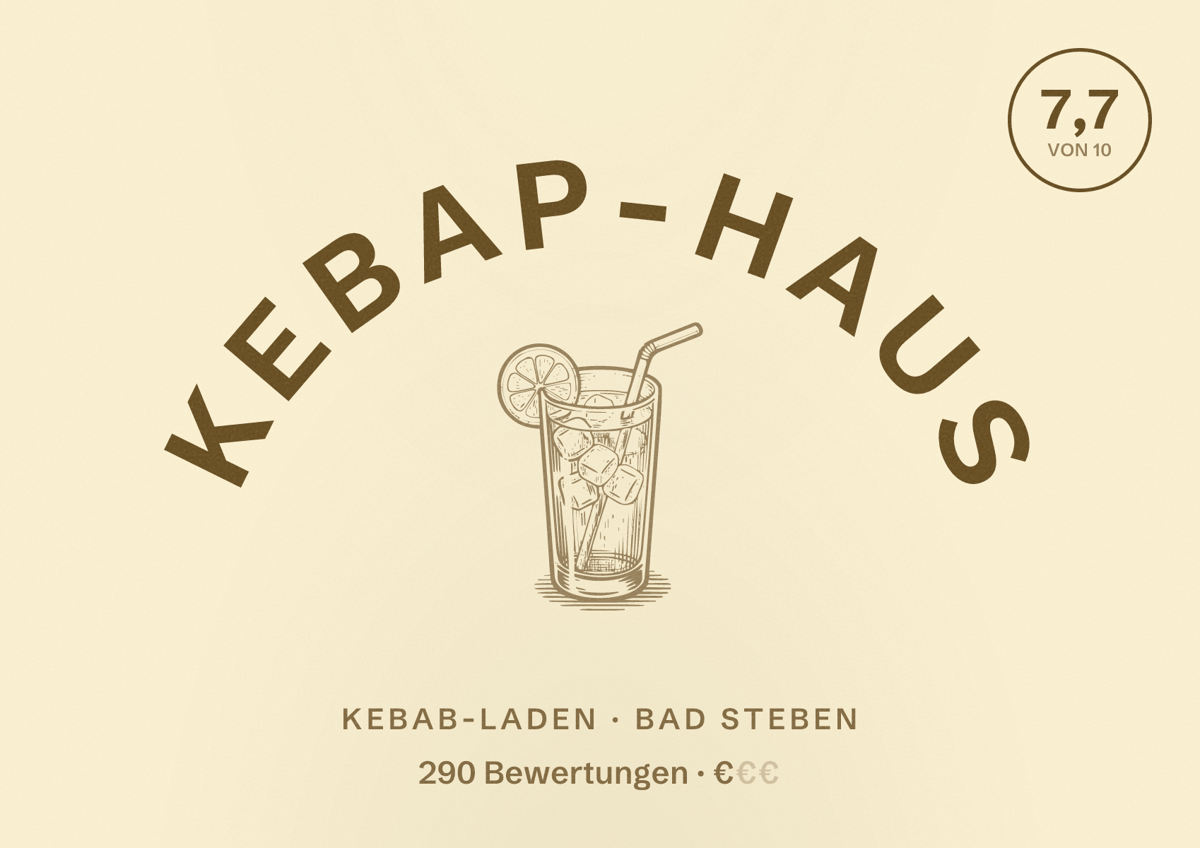 Illustriertes Poster von Kebap-Haus, Kebab-Laden in Bad Steben: Bewertung 7,7 von 10 aus 290 Bewertungen, Preisniveau €