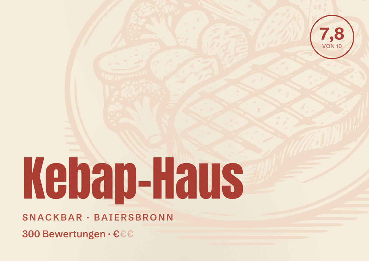 Illustriertes Poster von Kebap-Haus, Snackbar in Baiersbronn: Bewertung 7,8 von 10 aus 300 Bewertungen, Preisniveau €