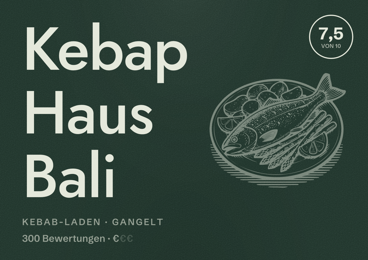 Illustriertes Poster von Kebap Haus Bali, Kebab-Laden in Gangelt: Bewertung 7,5 von 10 aus 300 Bewertungen, Preisniveau €