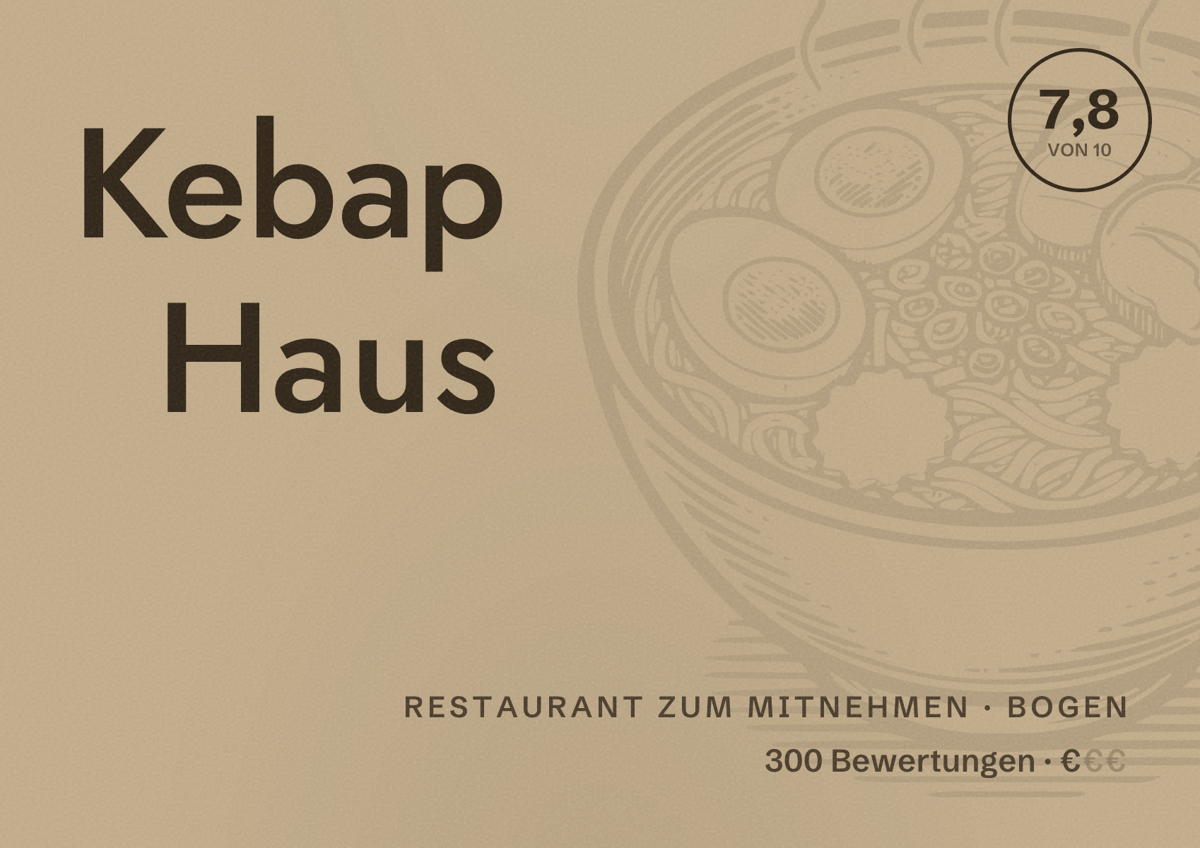 Illustriertes Poster von Kebap Haus, Restaurant zum Mitnehmen in Bogen: Bewertung 7,8 von 10 aus 300 Bewertungen, Preisniveau €