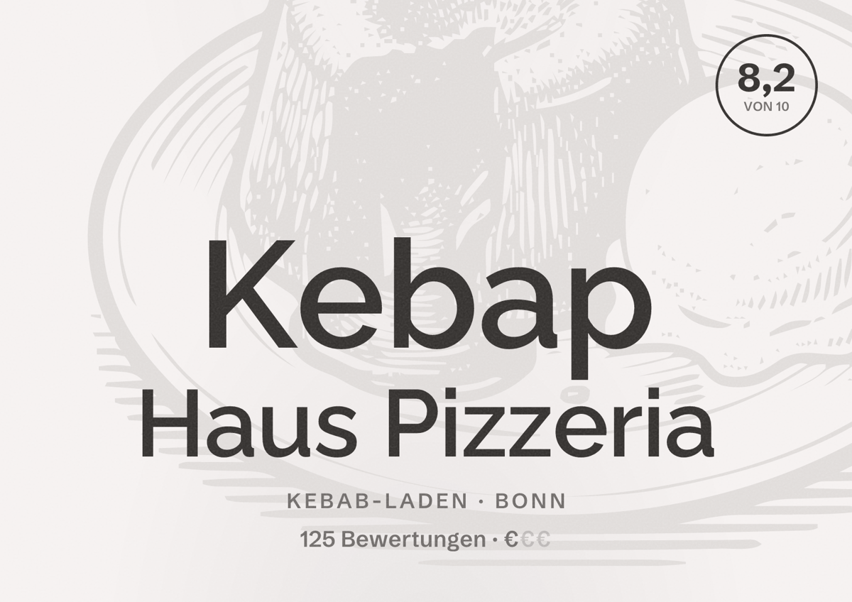 Illustriertes Poster von Kebap Haus Pizzeria, Kebab-Laden in Bonn: Bewertung 8,2 von 10 aus 125 Bewertungen, Preisniveau €