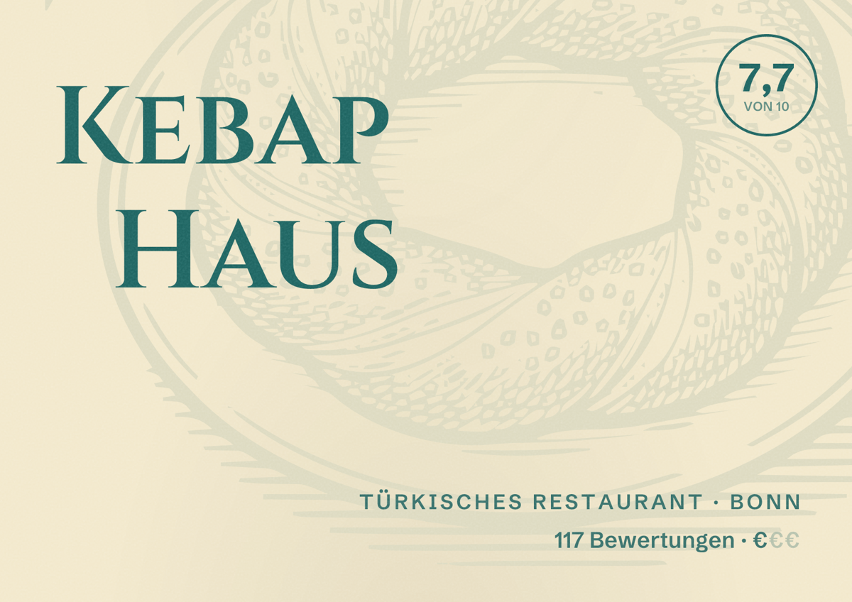 Illustriertes Poster von Kebap Haus, Türkisches Restaurant in Bonn: Bewertung 7,7 von 10 aus 117 Bewertungen, Preisniveau €