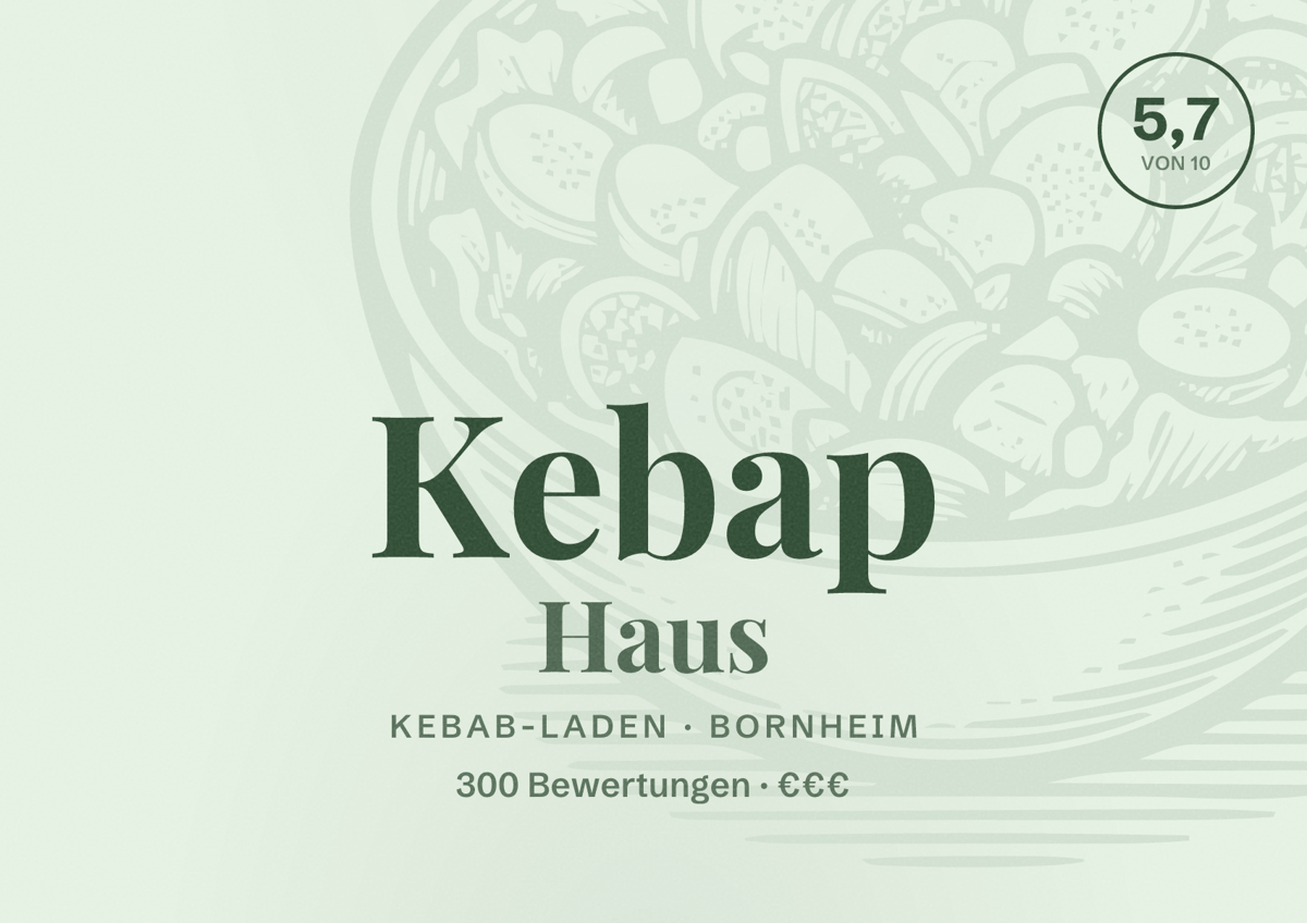 Illustriertes Poster von Kebap Haus, Kebab-Laden in Bornheim: Bewertung 5,7 von 10 aus 300 Bewertungen, Preisniveau €€€