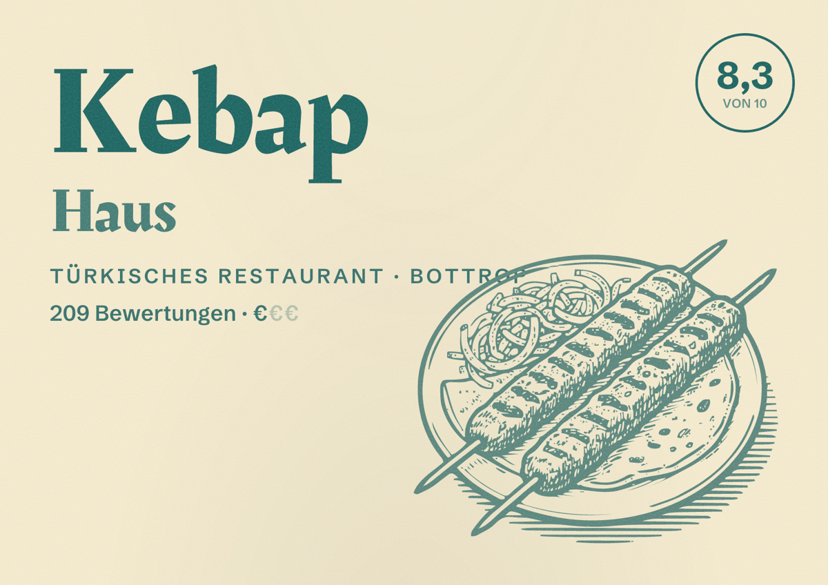 Illustriertes Poster von Kebap Haus, Türkisches Restaurant in Bottrop: Bewertung 8,3 von 10 aus 209 Bewertungen, Preisniveau €