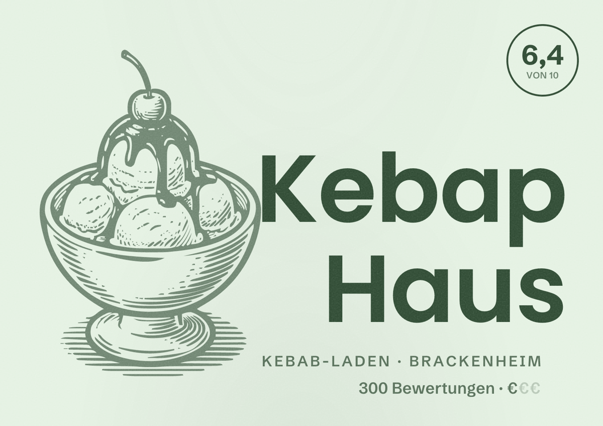 Illustriertes Poster von Kebap Haus, Kebab-Laden in Brackenheim: Bewertung 6,4 von 10 aus 300 Bewertungen, Preisniveau €