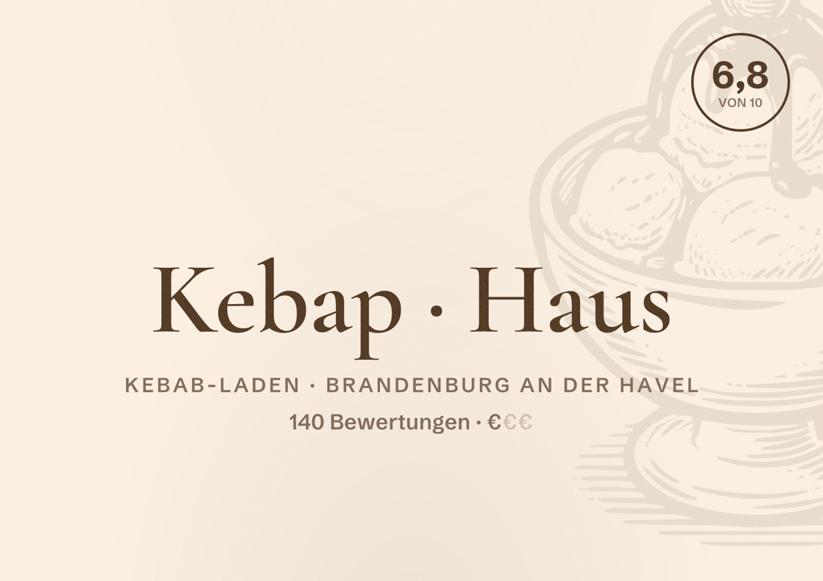 Illustriertes Poster von Kebap Haus, Kebab-Laden in Brandenburg an der Havel: Bewertung 6,8 von 10 aus 140 Bewertungen, Preisniveau €