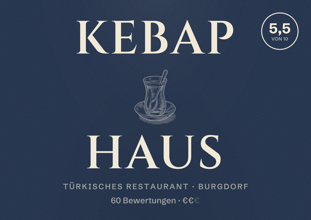 Illustriertes Poster von KEBAP HAUS, Türkisches Restaurant in Burgdorf: Bewertung 5,5 von 10 aus 60 Bewertungen, Preisniveau €€