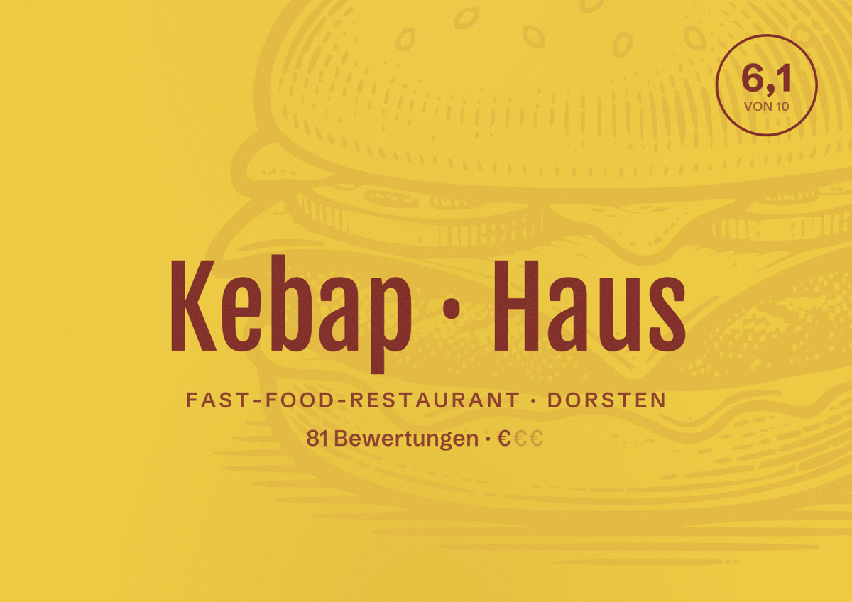 Illustriertes Poster von Kebap Haus, Fast-Food-Restaurant in Dorsten: Bewertung 6,1 von 10 aus 81 Bewertungen, Preisniveau €