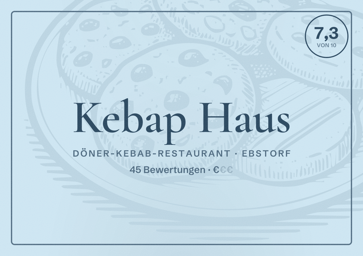 Illustriertes Poster von Kebap Haus, Döner-Kebab-Restaurant in Ebstorf: Bewertung 7,3 von 10 aus 45 Bewertungen, Preisniveau €