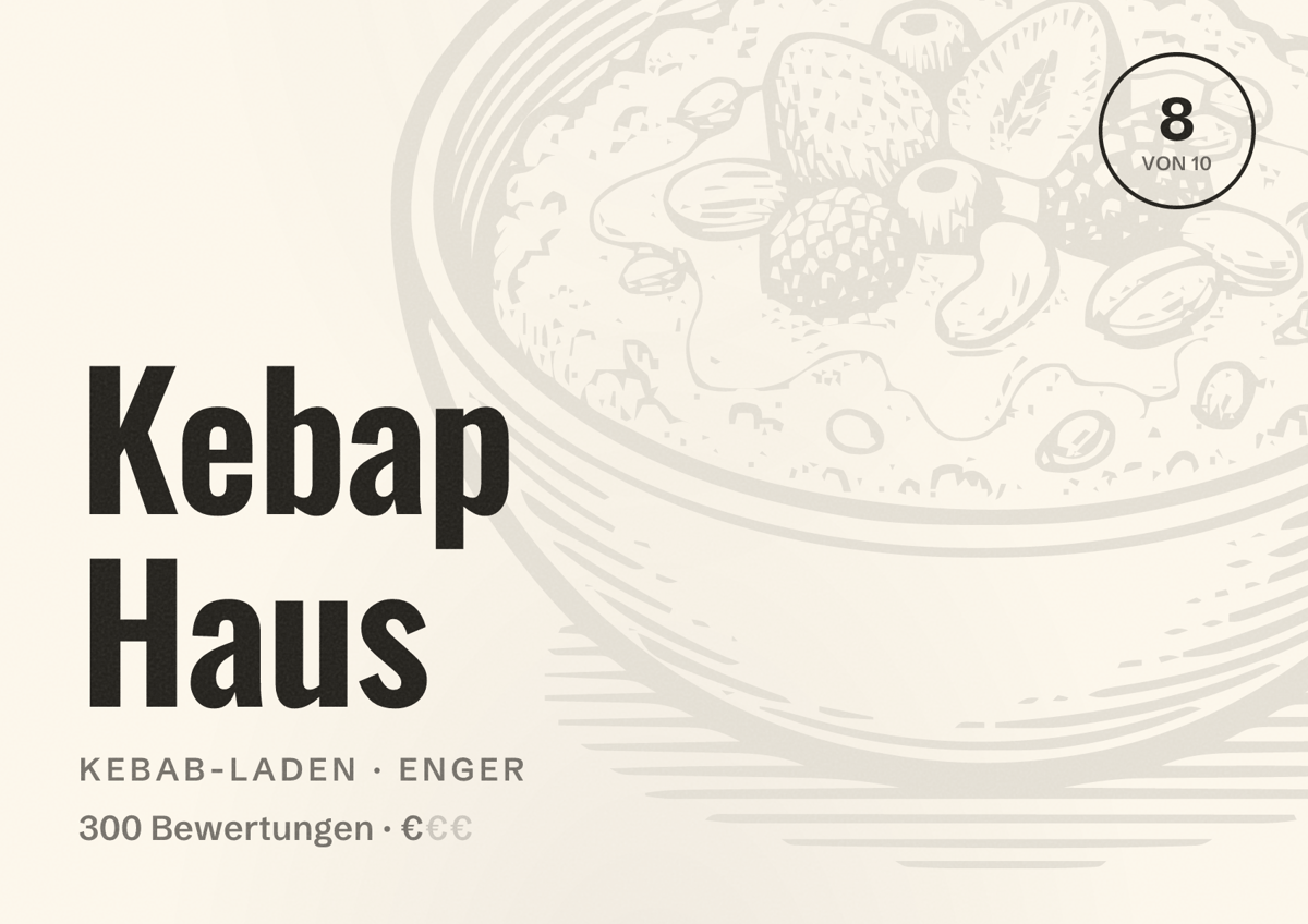 Illustriertes Poster von Kebap Haus, Kebab-Laden in Enger: Bewertung 8 von 10 aus 300 Bewertungen, Preisniveau €
