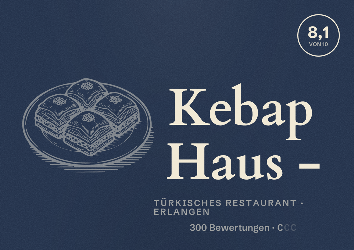 Illustriertes Poster von Kebap Haus -, Türkisches Restaurant in Erlangen: Bewertung 8,1 von 10 aus 300 Bewertungen, Preisniveau €