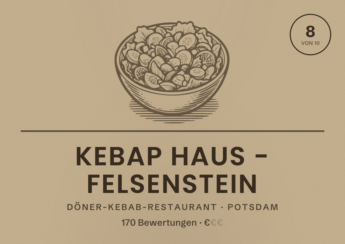 Illustriertes Poster von Kebap Haus - Felsenstein, Döner-Kebab-Restaurant in Potsdam: Bewertung 8 von 10 aus 170 Bewertungen, Preisniveau €