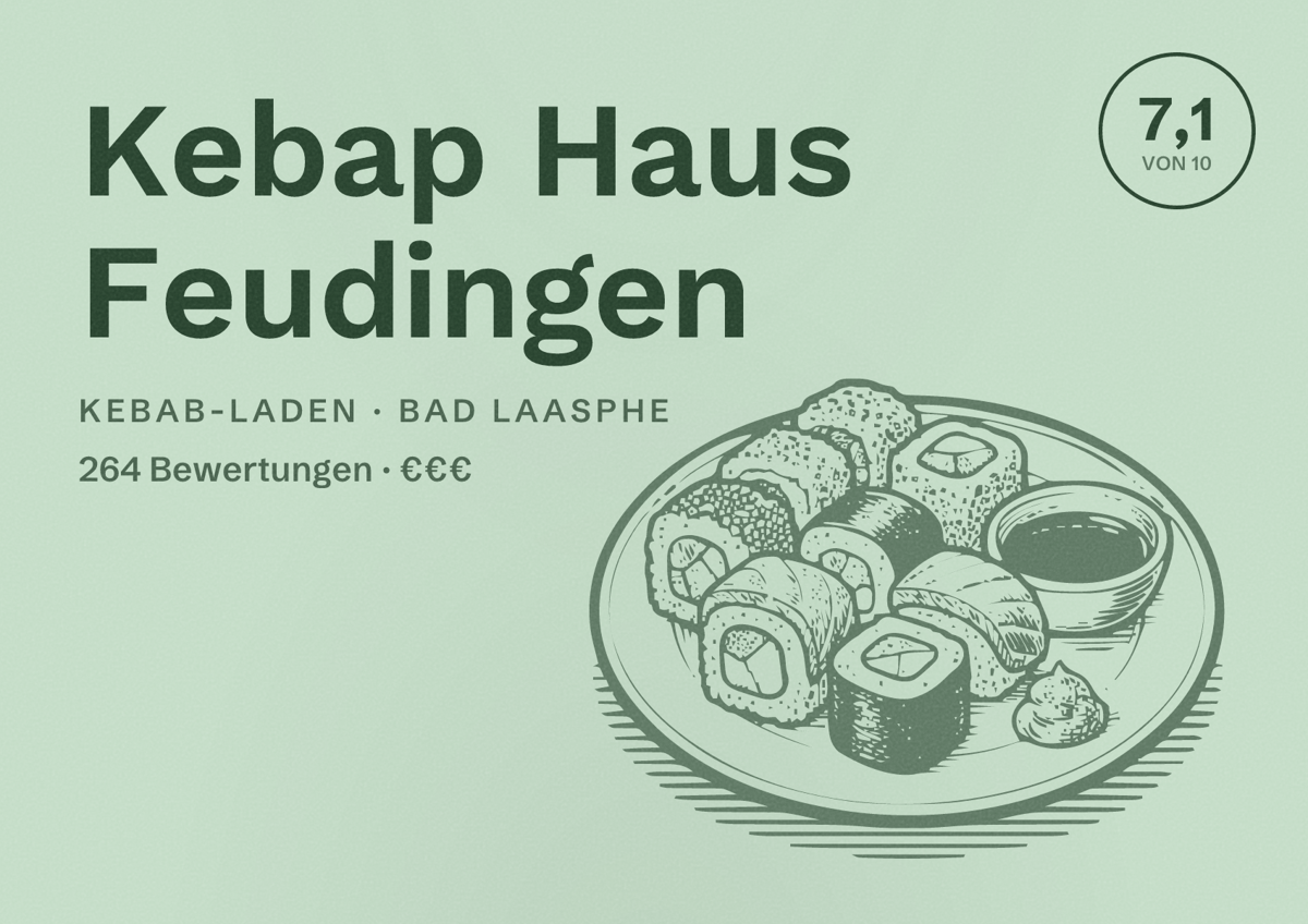 Illustriertes Poster von Kebap Haus Feudingen, Kebab-Laden in Bad Laasphe: Bewertung 7,1 von 10 aus 264 Bewertungen, Preisniveau €€€