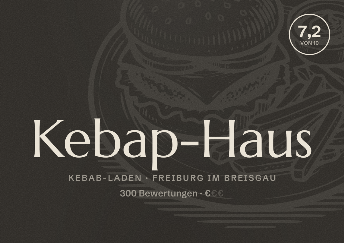 Illustriertes Poster von Kebap-Haus, Kebab-Laden in Freiburg im Breisgau: Bewertung 7,2 von 10 aus 300 Bewertungen, Preisniveau €