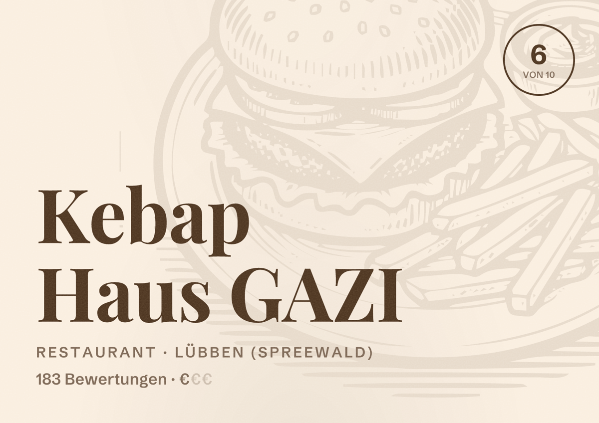 Illustriertes Poster von Kebap Haus GAZI, Restaurant in Lübben (Spreewald): Bewertung 6 von 10 aus 183 Bewertungen, Preisniveau €