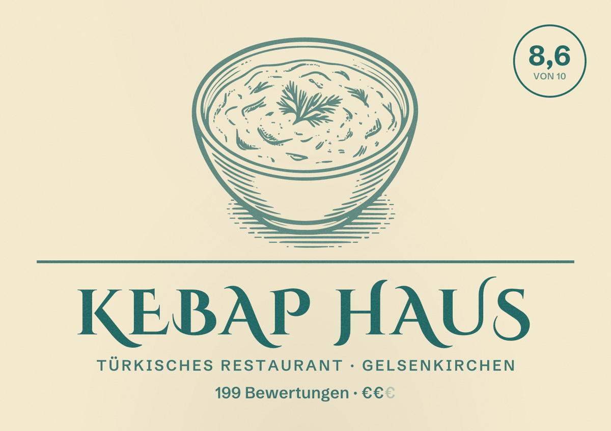 Illustriertes Poster von Kebap Haus, Türkisches Restaurant in Gelsenkirchen: Bewertung 8,6 von 10 aus 199 Bewertungen, Preisniveau €€