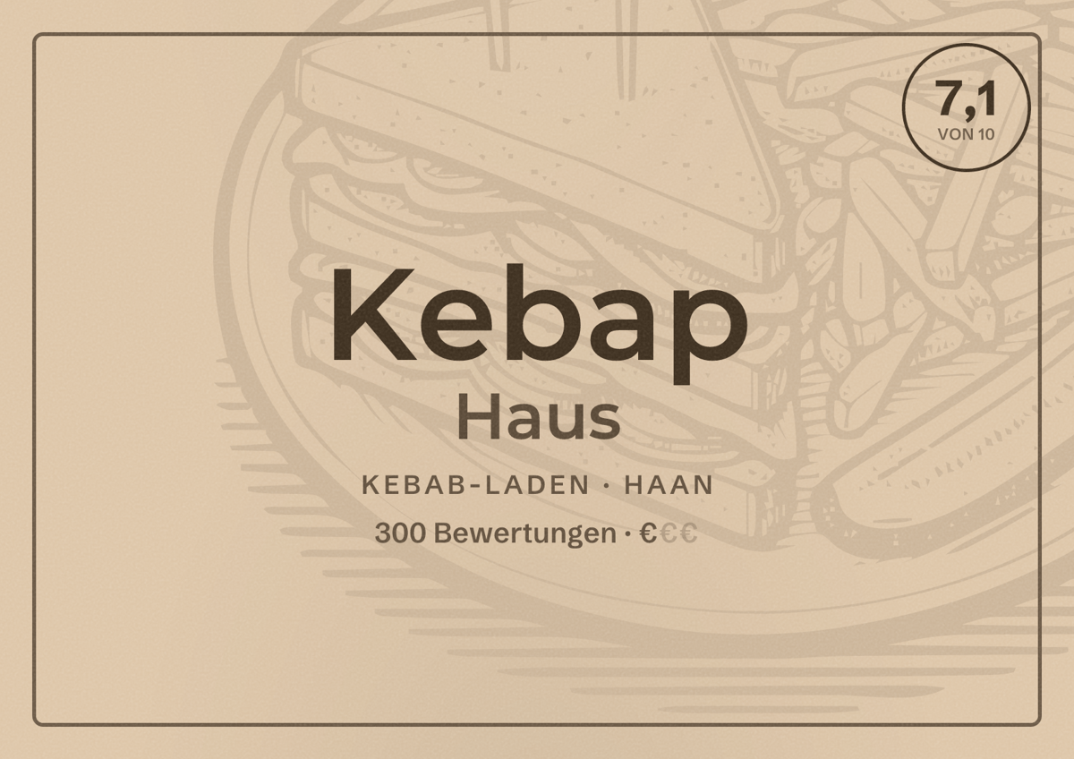 Illustriertes Poster von Kebap Haus, Kebab-Laden in Haan: Bewertung 7,1 von 10 aus 300 Bewertungen, Preisniveau €