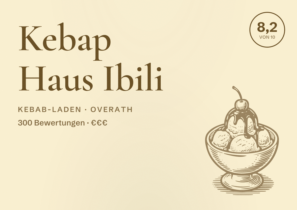 Illustriertes Poster von Kebap Haus Ibili, Kebab-Laden in Overath: Bewertung 8,2 von 10 aus 300 Bewertungen, Preisniveau €€€