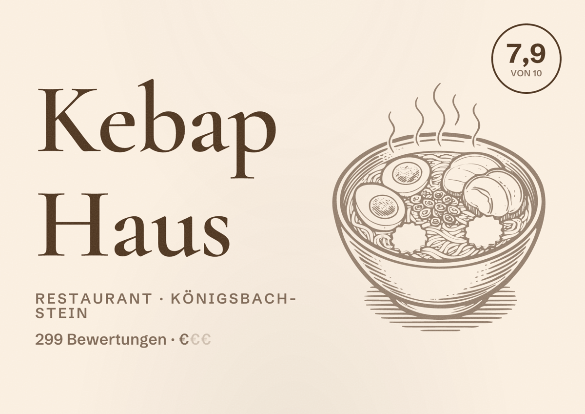 Illustriertes Poster von Kebap Haus, Restaurant in Königsbach-Stein: Bewertung 7,9 von 10 aus 299 Bewertungen, Preisniveau €