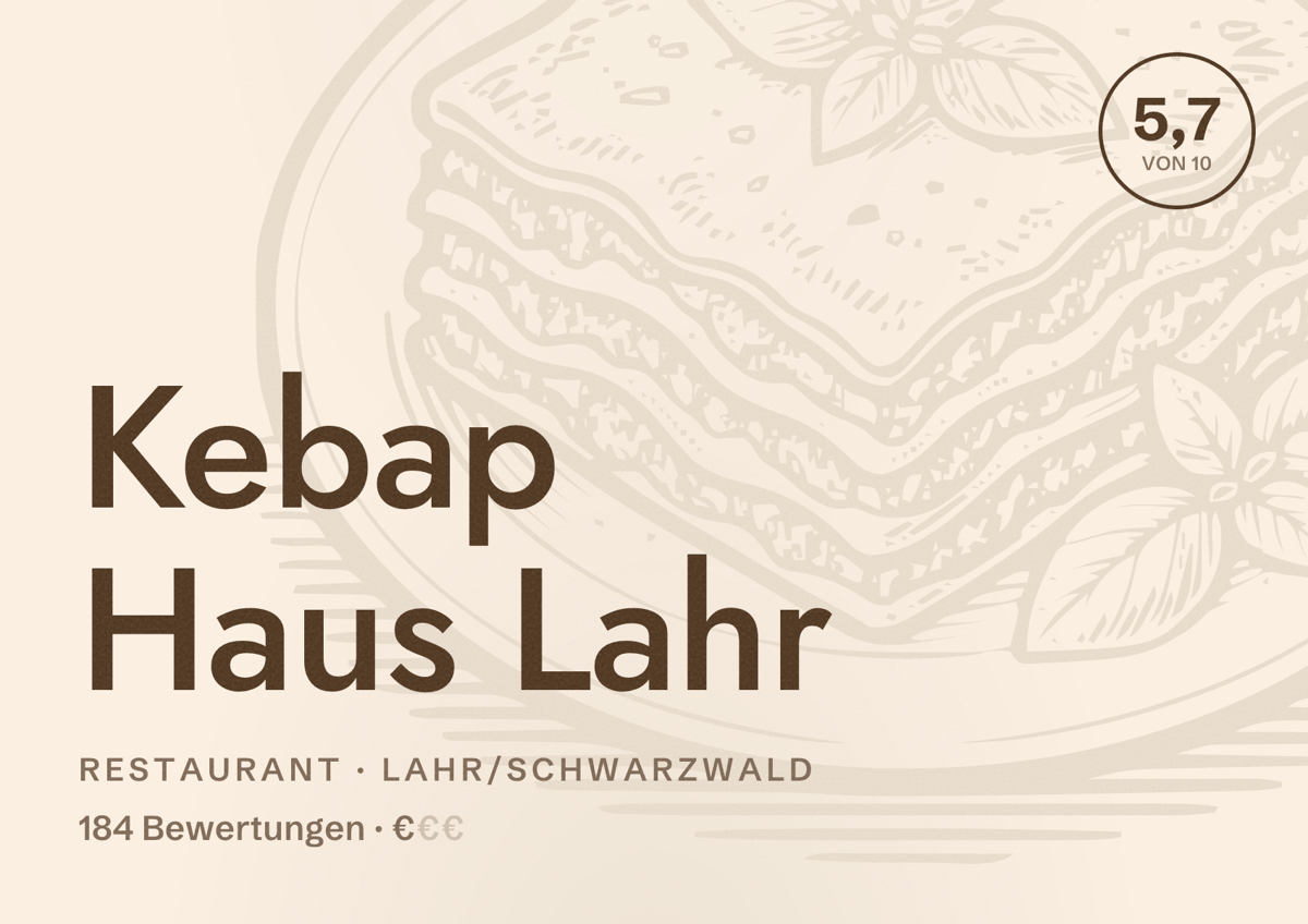 Illustriertes Poster von Kebap Haus Lahr, Restaurant in Lahr/Schwarzwald: Bewertung 5,7 von 10 aus 184 Bewertungen, Preisniveau €
